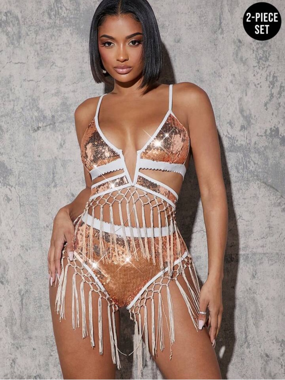 Sequin Fringe Two-Piece Bikini Set - Copper/White( Rave Outfits) - Picture 1 of 12